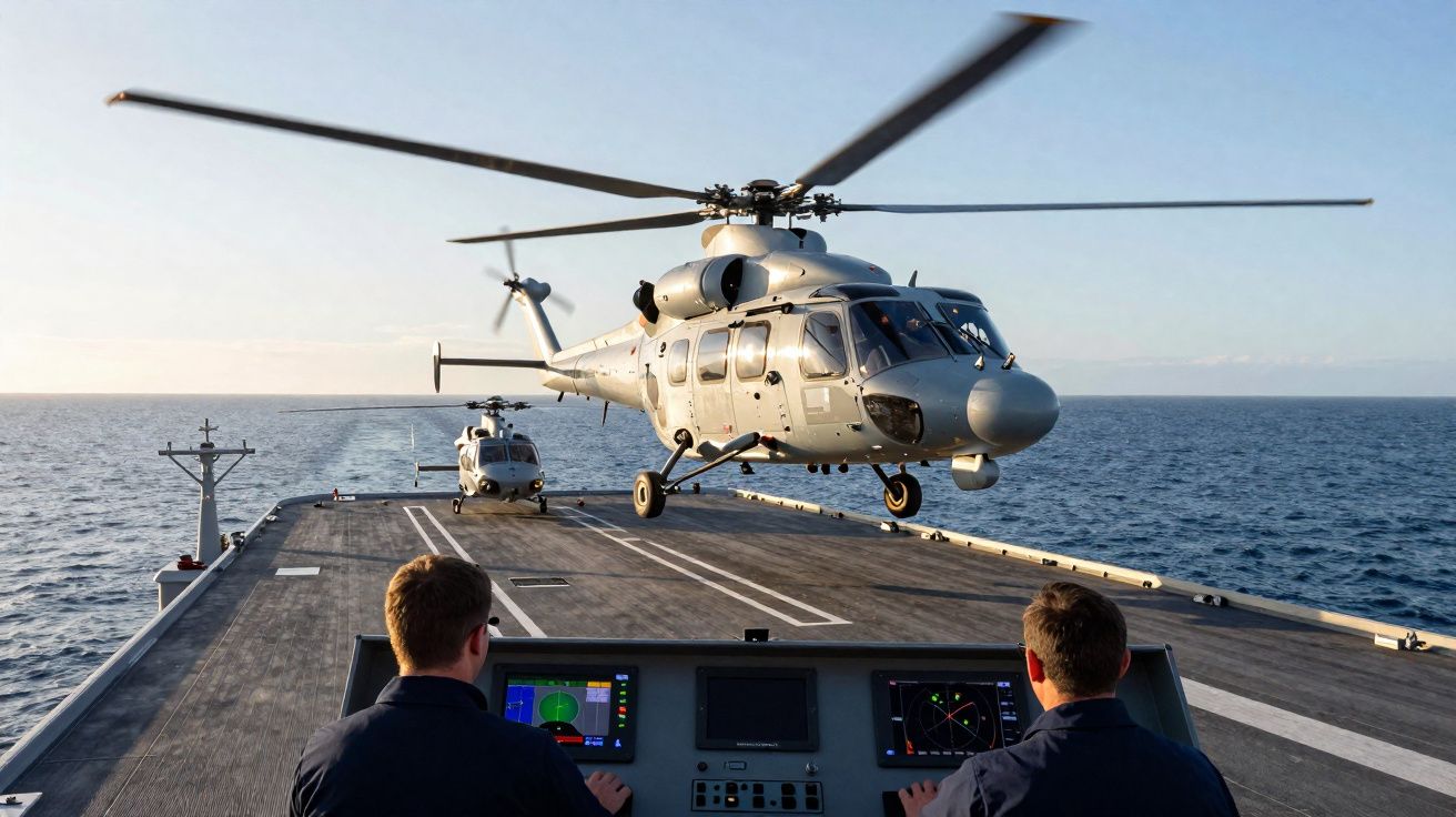 Helicóptero militar despegando de la cubierta de un barco con dos personas en el puente de mando.