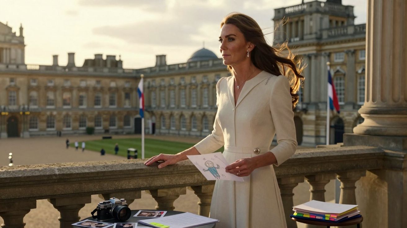 Mujer elegante con vestido beige sostiene dibujo en balcón histórico al atardecer.
