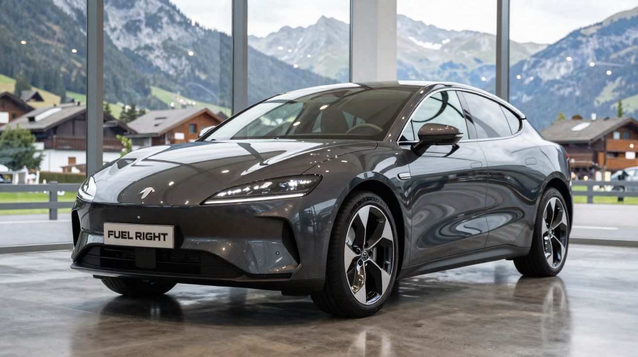 Coche eléctrico gris oscuro estacionado en showroom con ventanas grandes y paisaje montañoso al fondo.