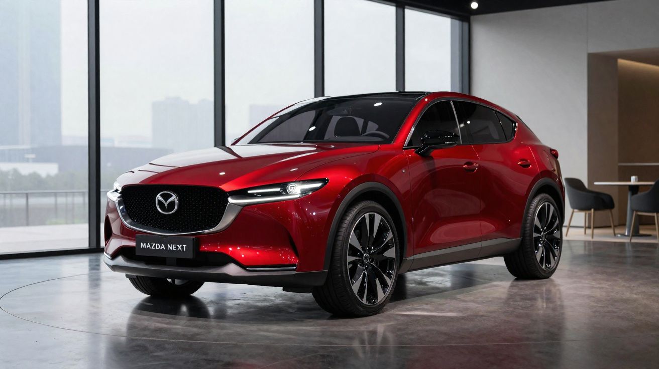 Coche Mazda rojo brillante modelo Mazda Next en exposición interior con grandes ventanas y sillas modernas.