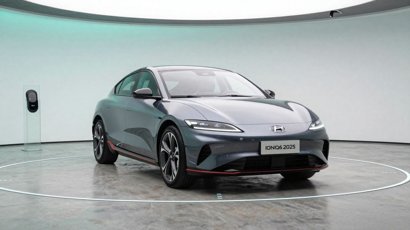 Coche eléctrico Hyundai Ioniq 6 2025 gris expuesto en sala moderna con cargador eléctrico al fondo.