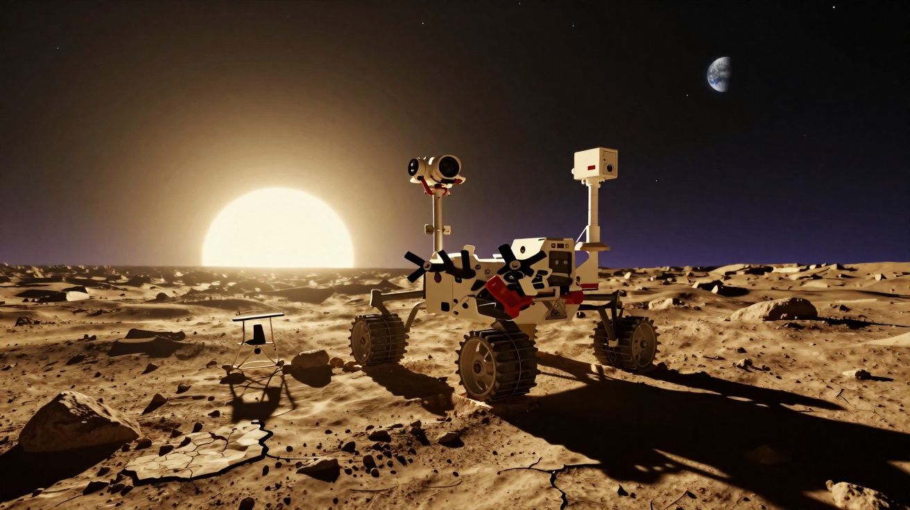 Rover explorador en terreno lunar con sol y Tierra visibles en el horizonte oscuro del espacio.
