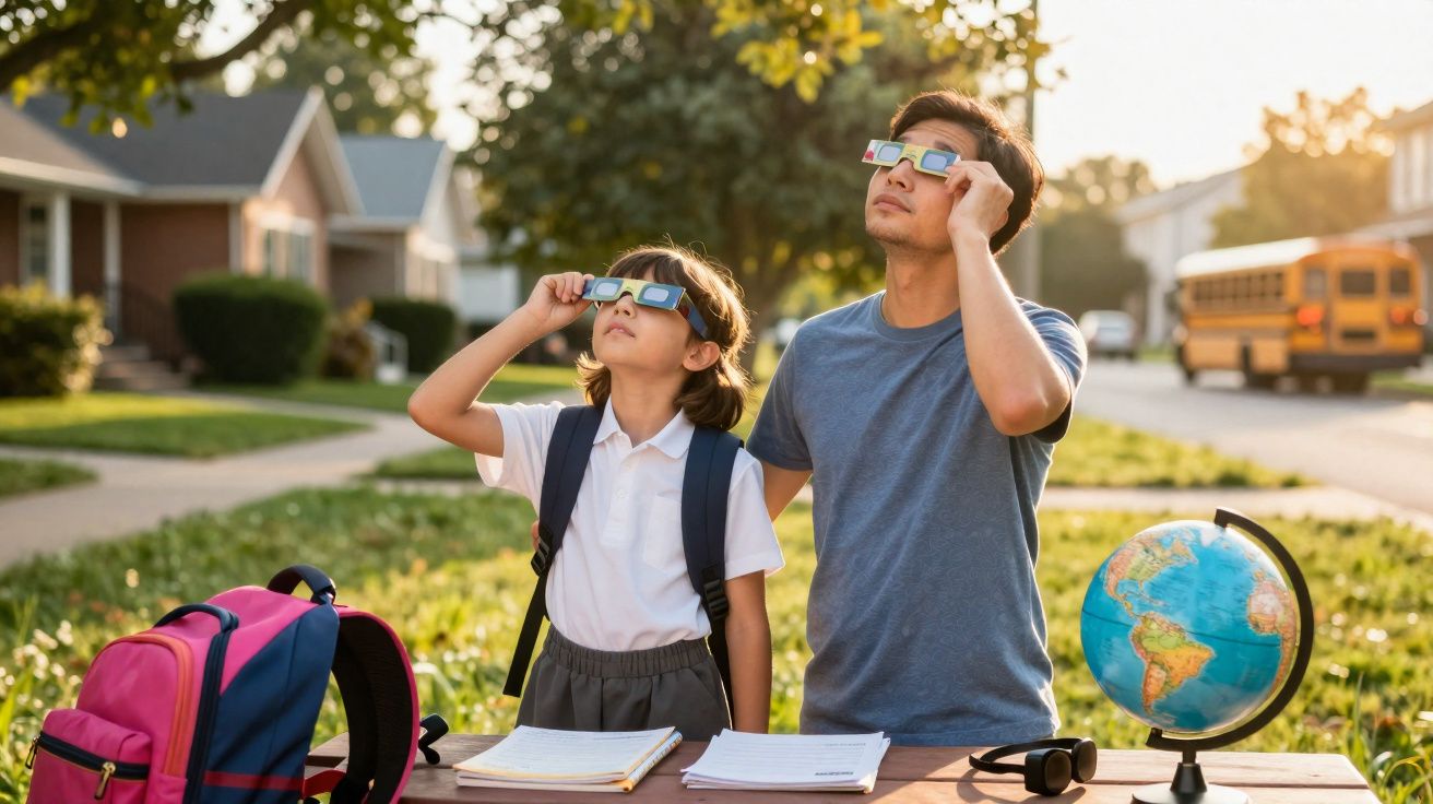 Padre e hijo con gafas especiales observan el cielo mientras estudian en una mesa al aire libre.