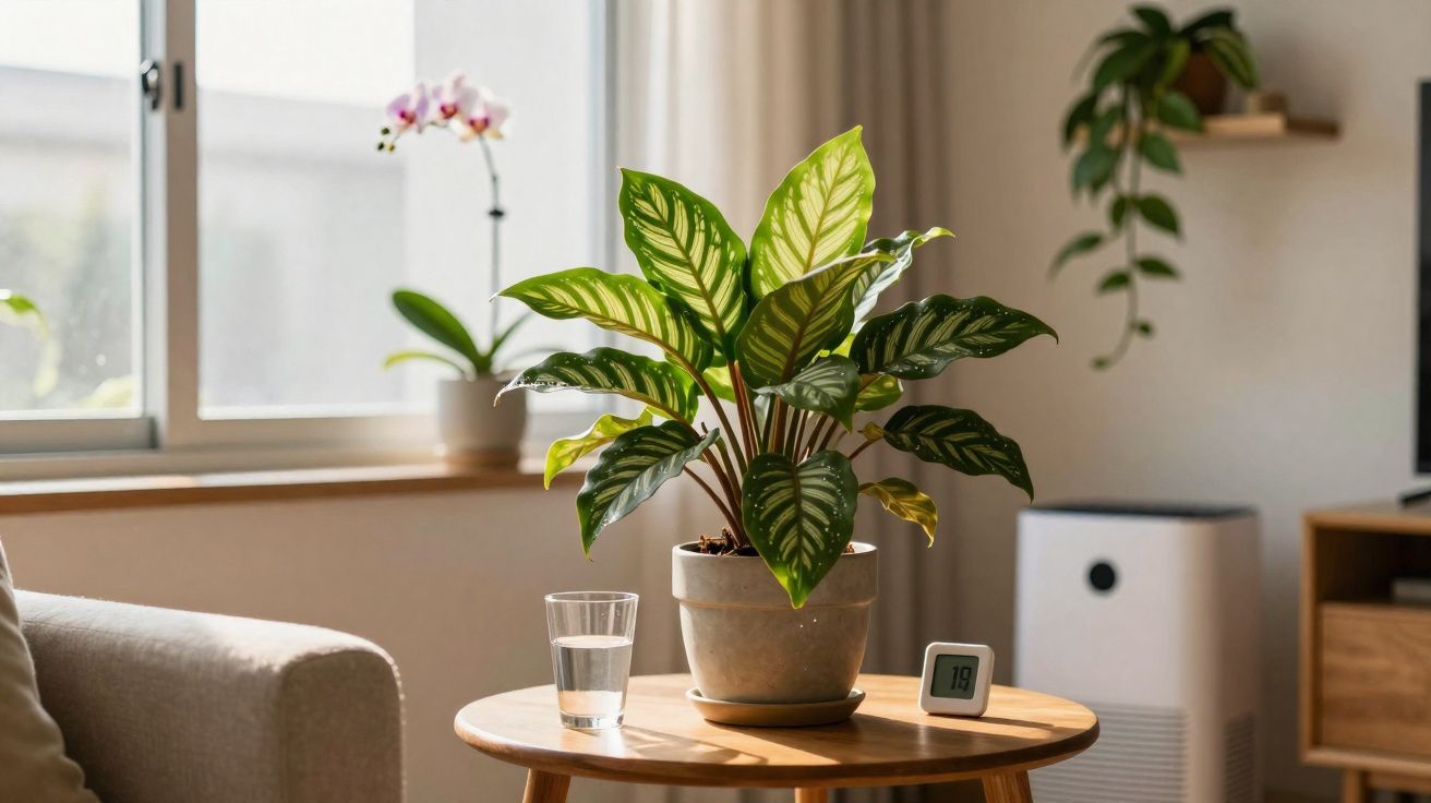 Planta en maceta sobre mesa de madera con vaso de agua y termómetro digital en sala luminosa junto a ventana.