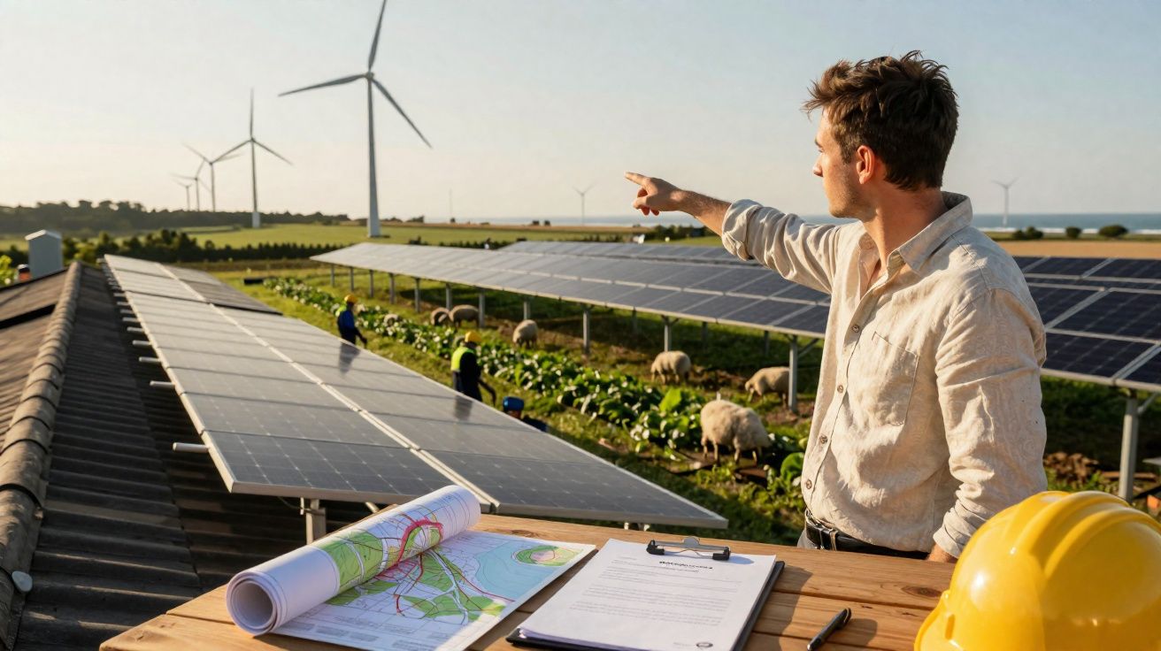 Hombre señalando parques solares y eólicos en campo con ovejas, con planos y casco amarillo sobre mesa.