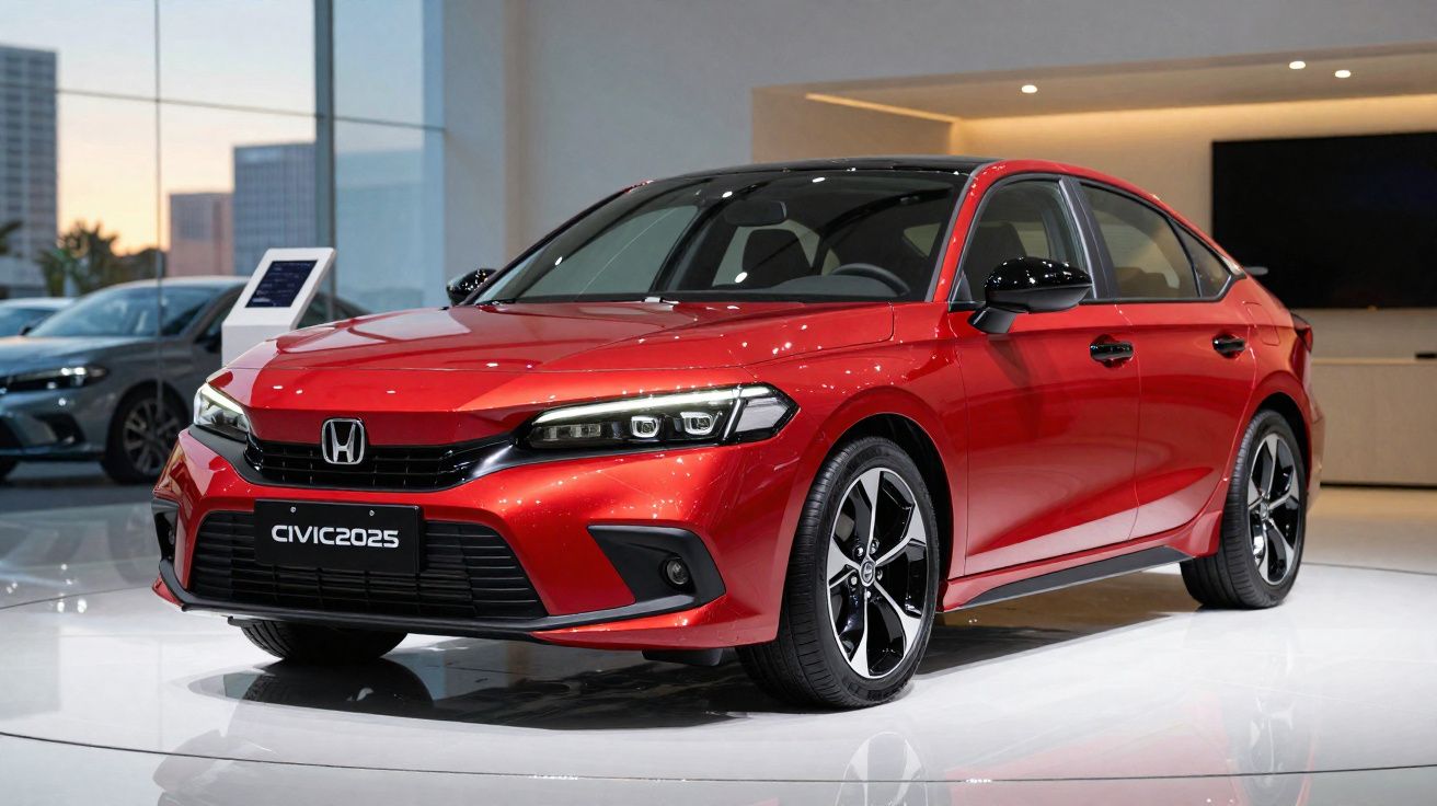 Coche rojo Honda Civic 2025 con diseño deportivo expuesto en salón del automóvil moderno.