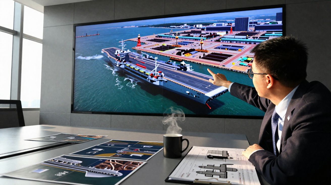 Hombre en traje señalando una pantalla con imagen de un puerto y un barco en una sala de reuniones.