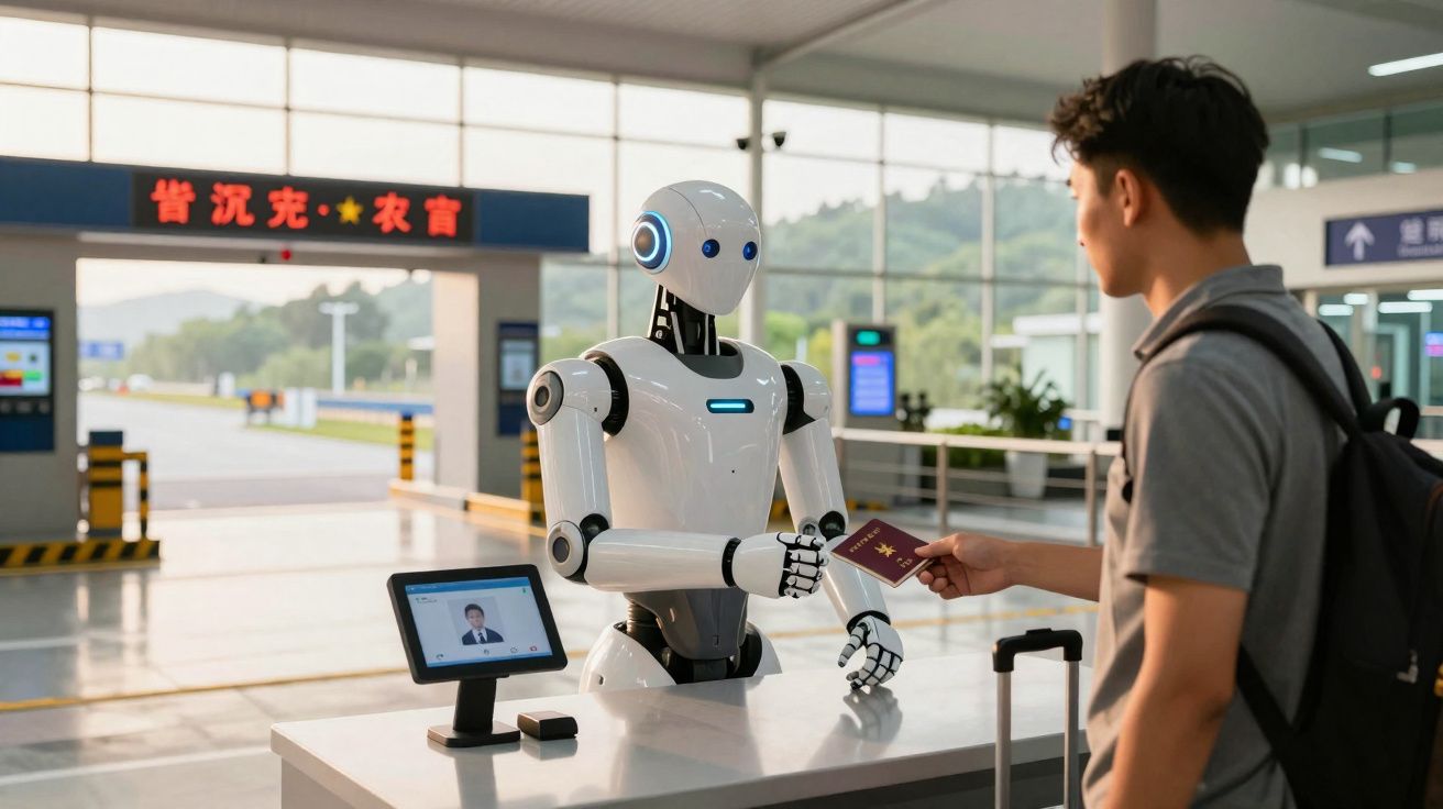 Robot asistente controlando el pasaporte de un viajero en un punto de control moderno y tecnológico.