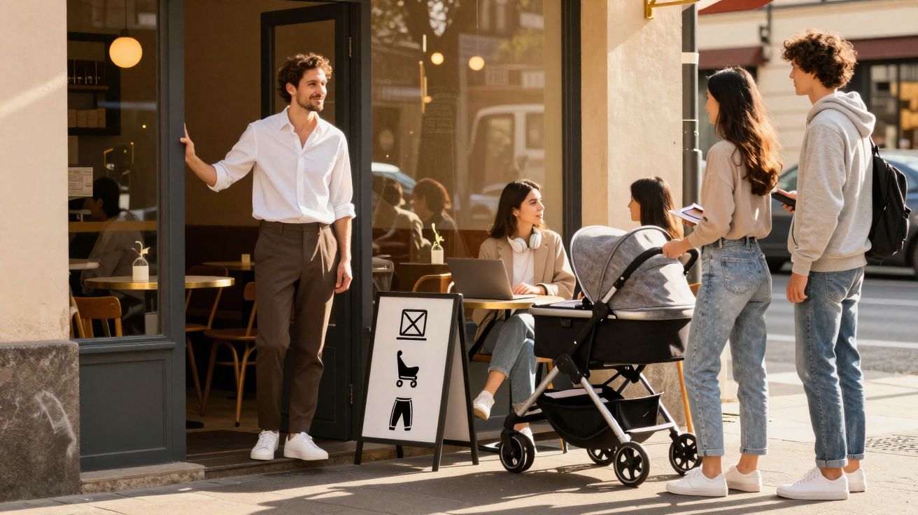 Hombre abre la puerta de una tienda de ropa infantil mientras una pareja con carrito esperan fuera.