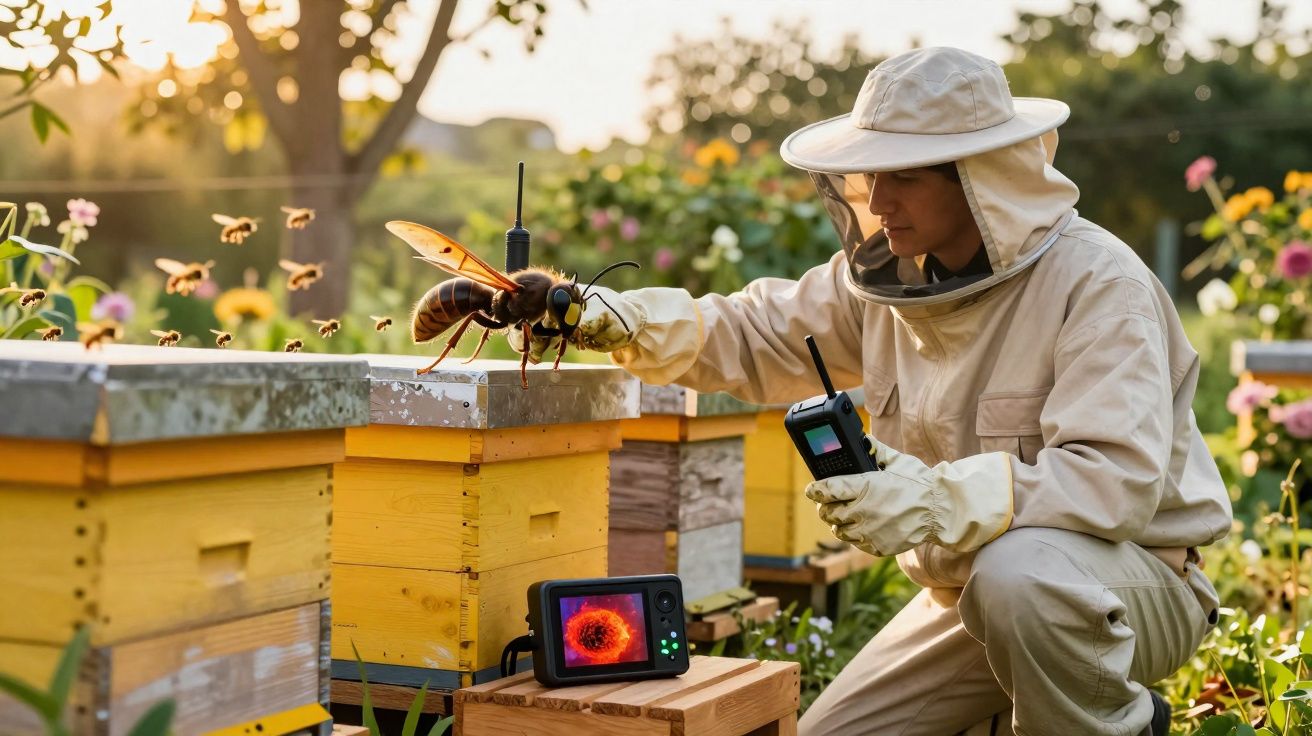 Apicultor con traje protector junto a colmenas y monitorizando abejas en un jardín al atardecer.