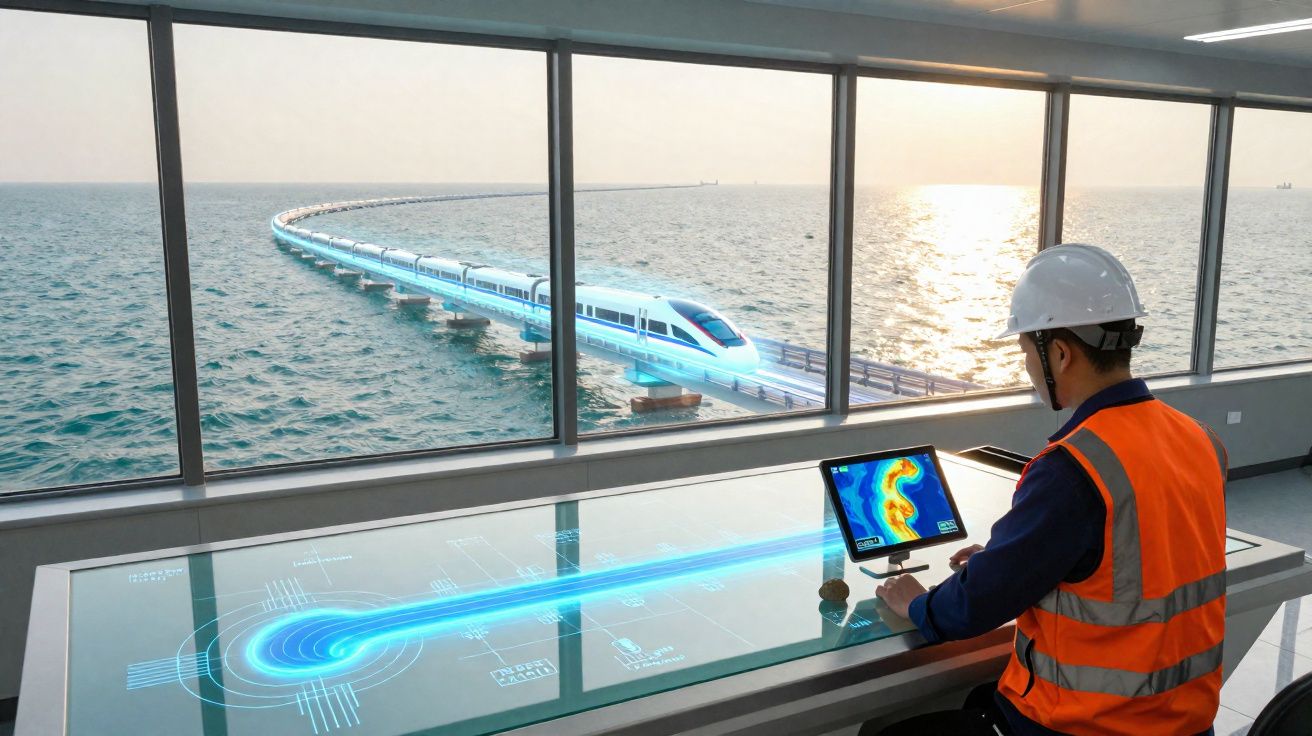 Ingeniero con casco y chaleco naranja supervisa tren de alta velocidad sobre puente en el mar desde sala de control.