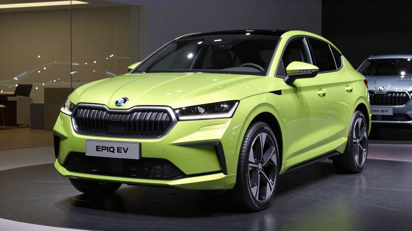 Coche eléctrico Škoda EPIQ EV en color verde lima expuesto en un salón del automóvil.