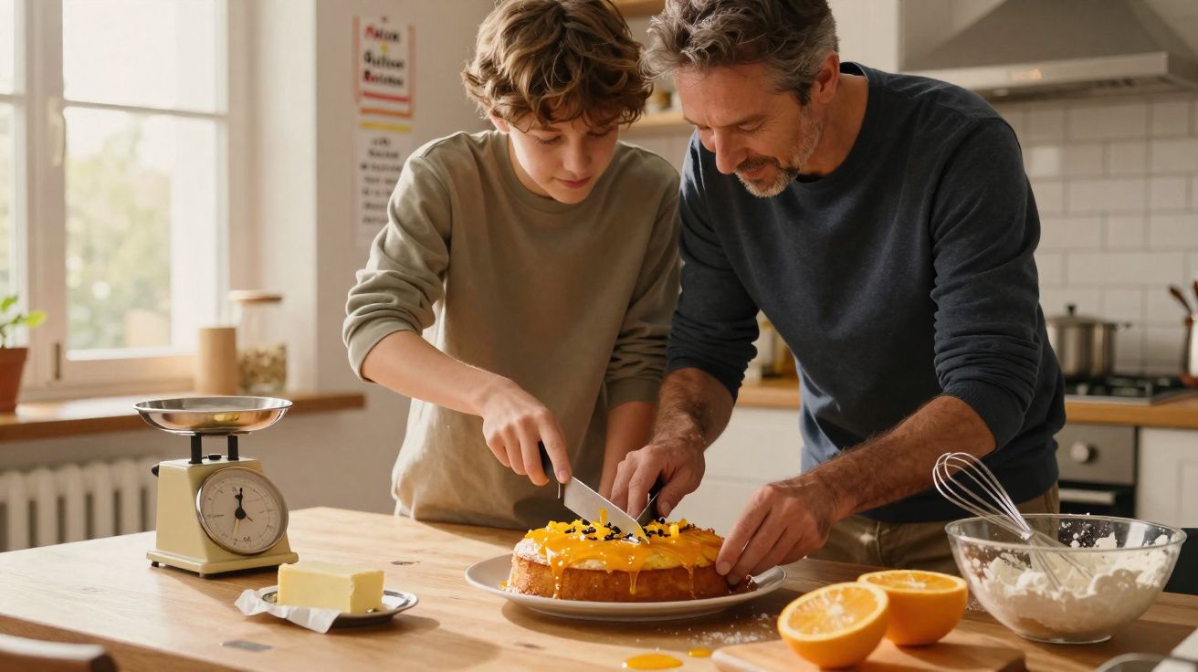 Hombre y niño cortan una tarta de naranja en una cocina luminosa y moderna.