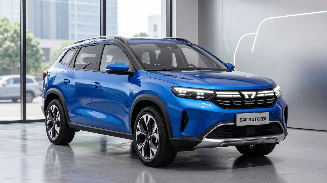 Coche SUV azul Dacia Striker exhibido en un salón con grandes ventanas y suelo reflectante.
