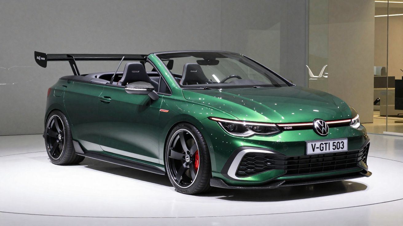Coche deportivo descapotable verde oscuro Volkswagen GTI con alerón trasero y llantas negras.