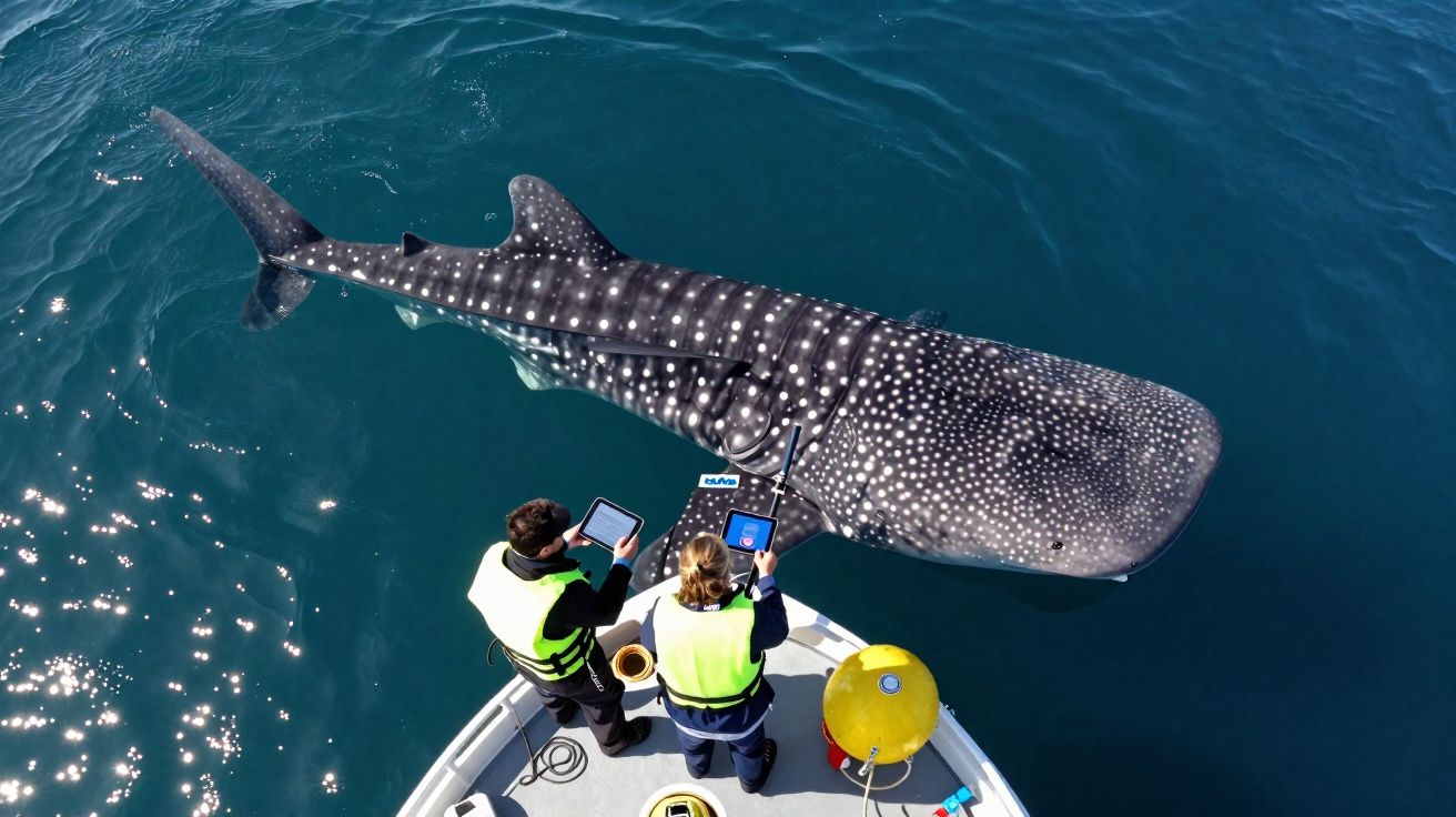 Tiburón ballena nadando junto a un barco con dos personas que usan equipo y tabletas para investigación marina.