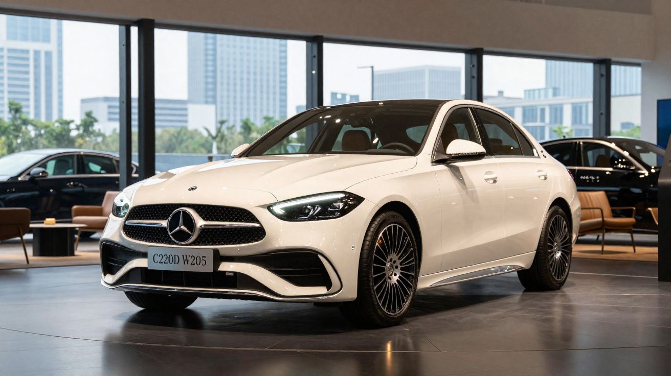 Coche blanco Mercedes-Benz C220D W205 aparcado en showroom con ventanas grandes y muebles de fondo.
