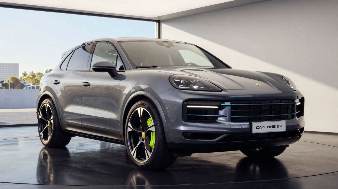 Porsche Cayenne EV gris estacionado en interior con ventanales grandes y suelo brillante.