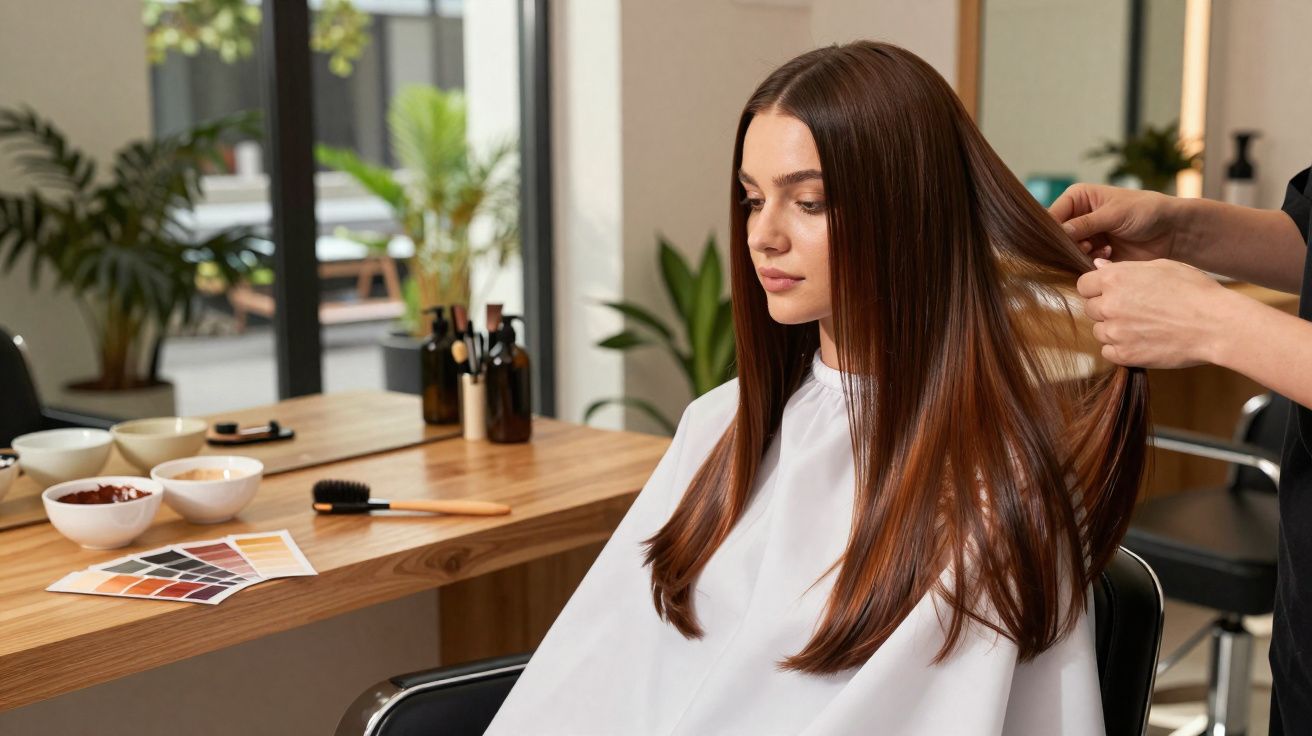 Mujer con cabello largo y liso siendo atendida por un peluquero en un salón moderno y luminoso.