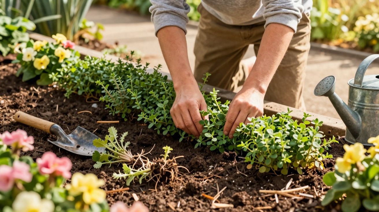 Persona plantando o cuidando plantas en un jardín con flores y una regadera al lado.