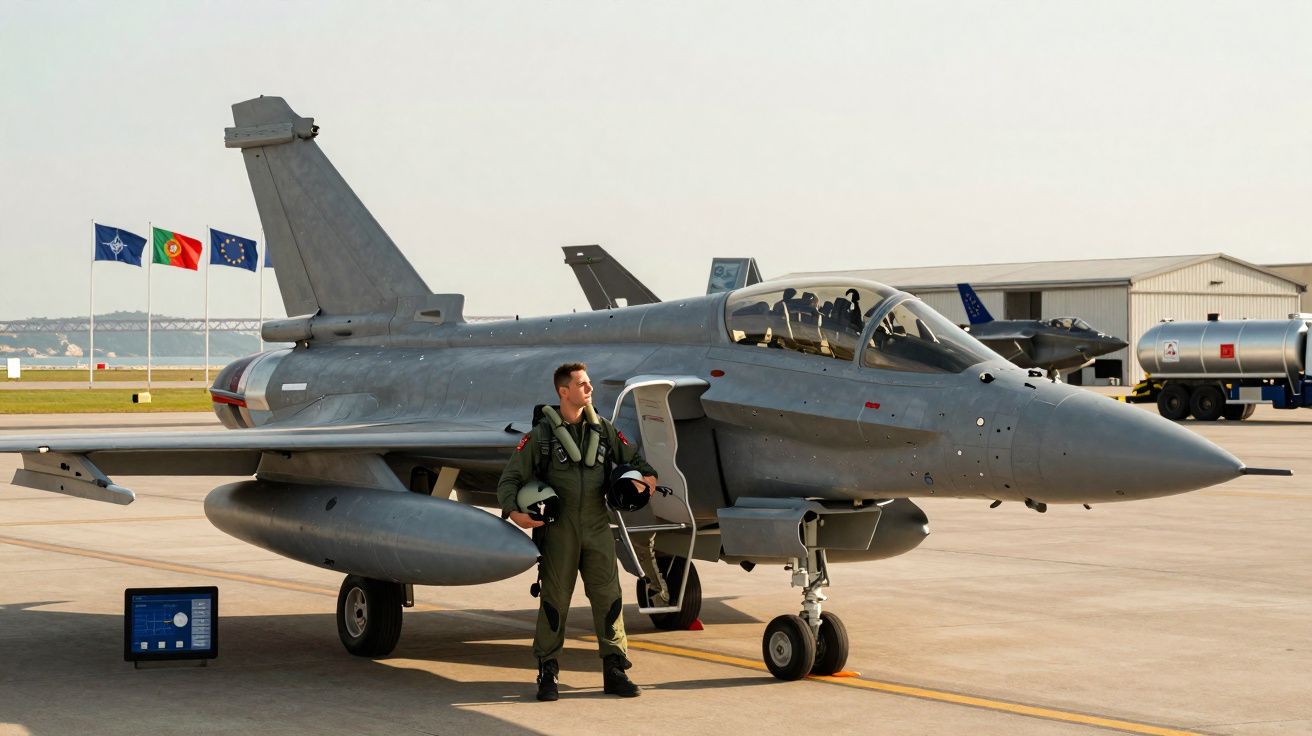 Piloto delante de un caza militar gris estacionado en pista con banderas de la OTAN, Portugal y Unión Europea.