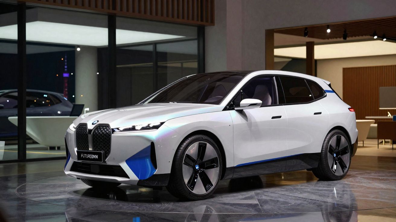 Coche eléctrico BMW iX con diseño moderno y detalles en azul, exhibido en un showroom elegante.