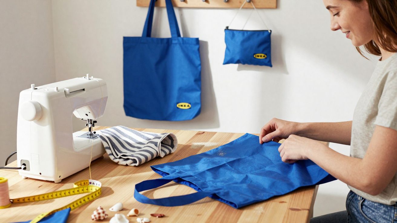 Mujer cosiendo una bolsa azul de tela en una mesa con máquina de coser y materiales de costura.