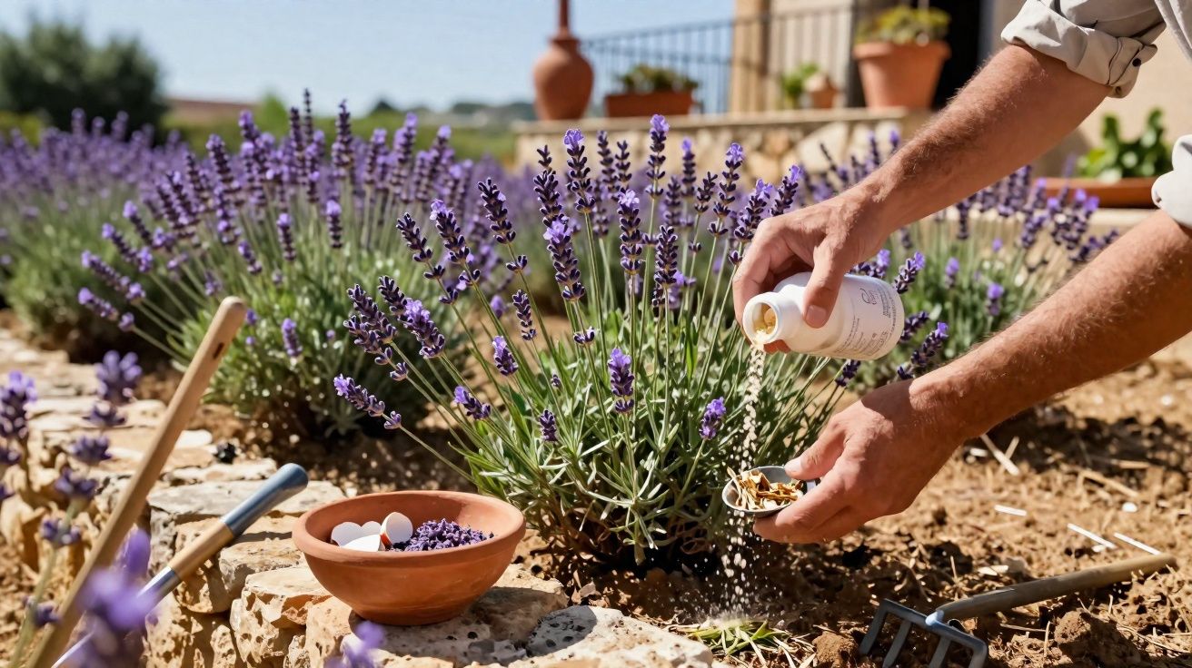 Manos esparciendo fertilizante en plantas de lavanda en un jardín soleado con herramientas de jardinería.