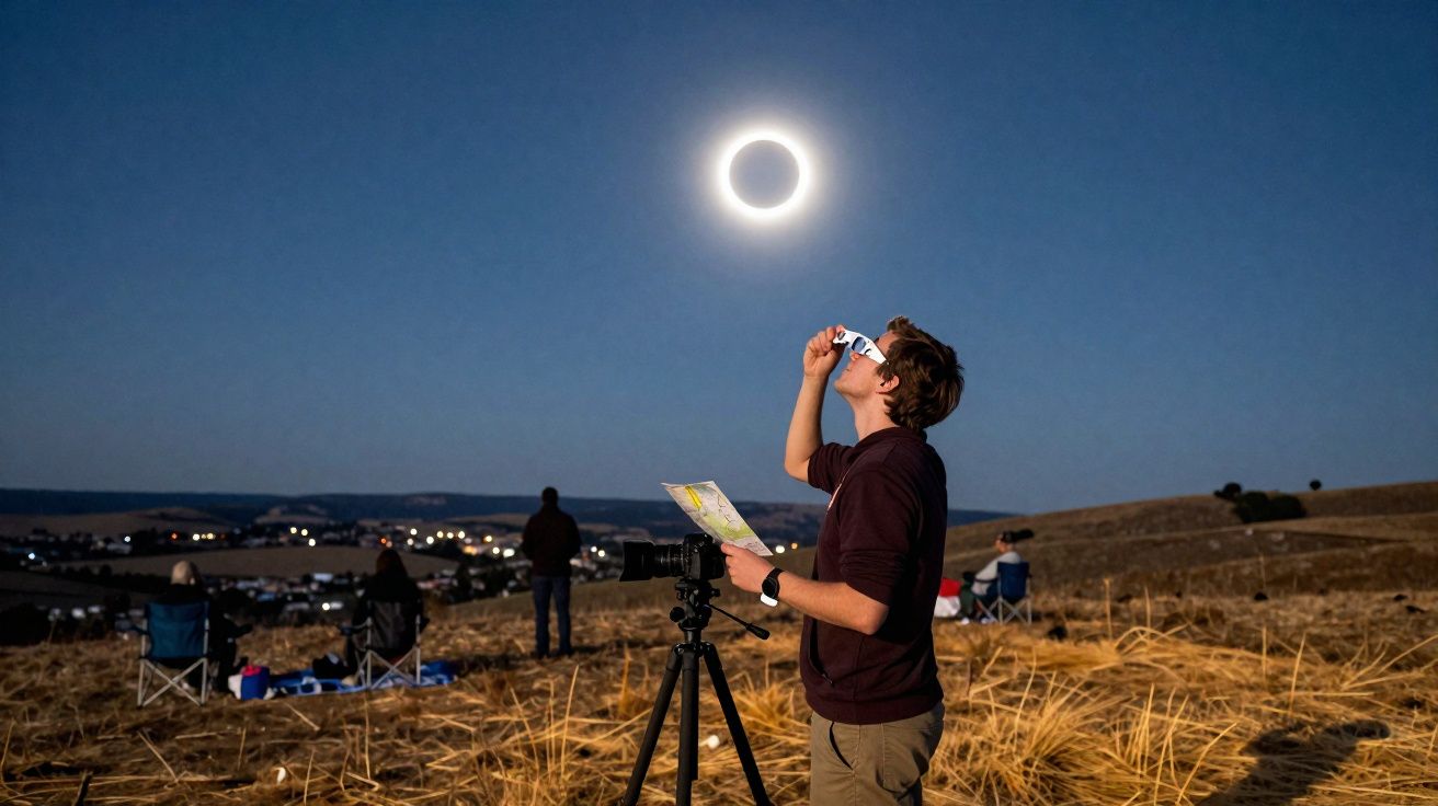 Persona observando un eclipse solar total con gafas protectoras desde un campo abierto al atardecer.