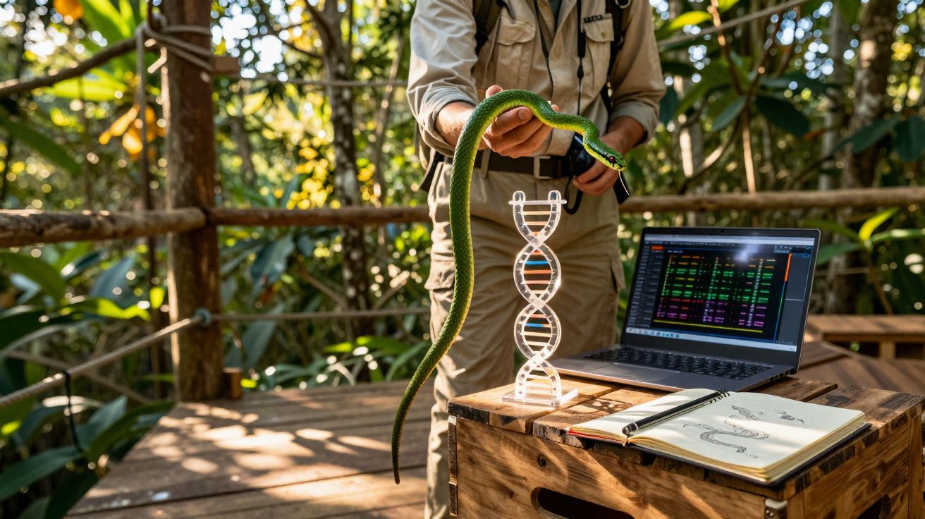 Investigador sostiene serpiente verde junto a modelo de ADN, portátil y cuaderno de bocetos en entorno natural.