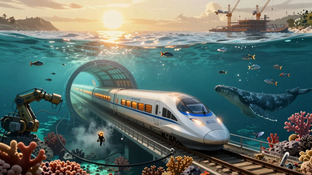 Tren de alta velocidad pasando por túnel submarino entre coral, peces, ballena y robot en el océano al atardecer.