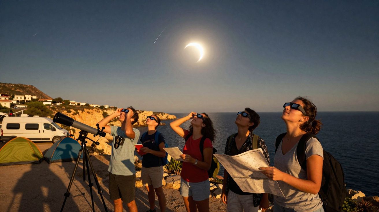 Grupo de personas con gafas especiales observando un eclipse solar junto al mar y acantilados al atardecer.