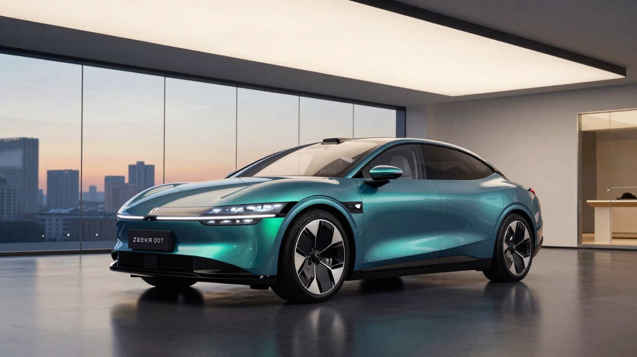 Coche eléctrico Zeekr 007 verde brillante estacionado en un espacio moderno con paredes de cristal.