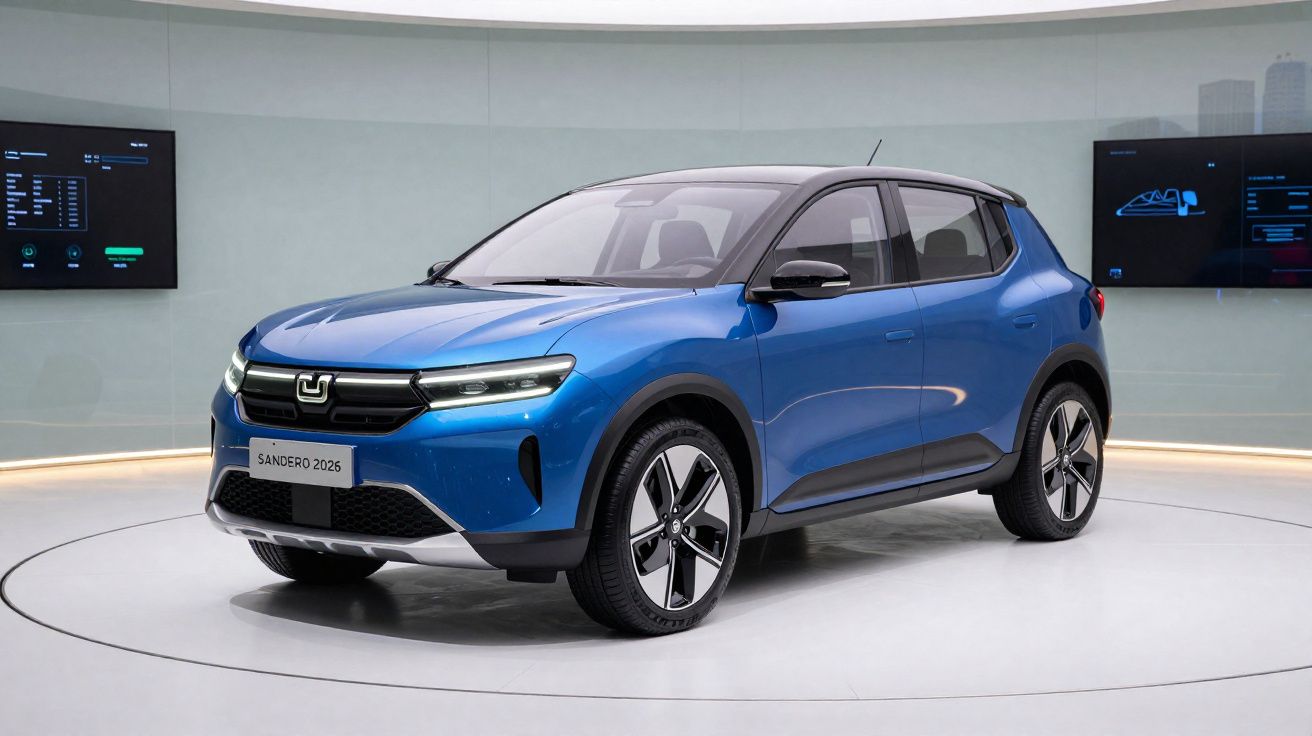 Coche azul eléctrico Sandero 2026 exhibido en plataforma giratoria en sala moderna con pantallas digitales.