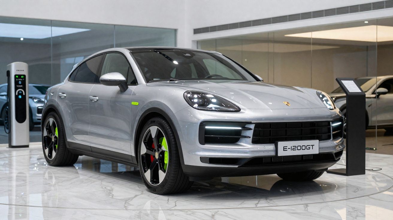 Coche eléctrico Porsche E-1200GT gris plata en exposición con estación de carga y suelo de mármol.
