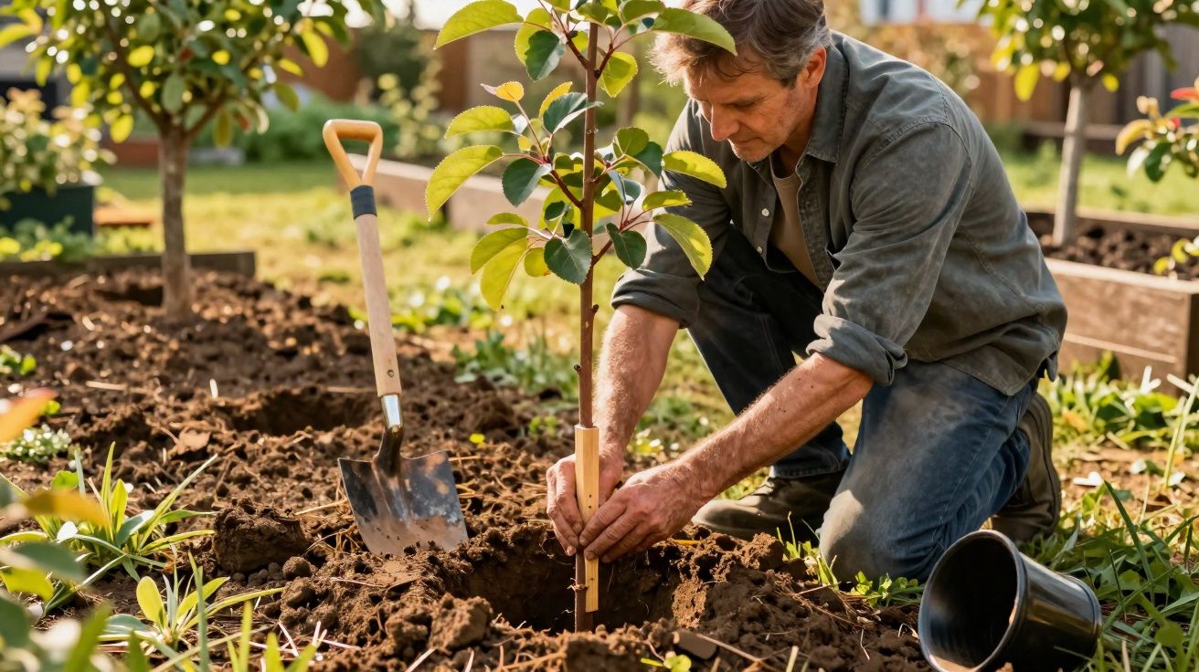 Hombre plantando un árbol joven en el jardín, con una pala clavada en la tierra junto a él.