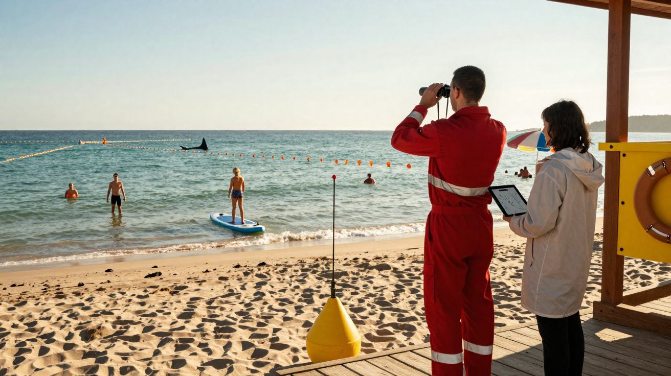 Socorrista observa el mar con prismáticos mientras una mujer apunta datos en la playa con bañistas y una persona en paddle su