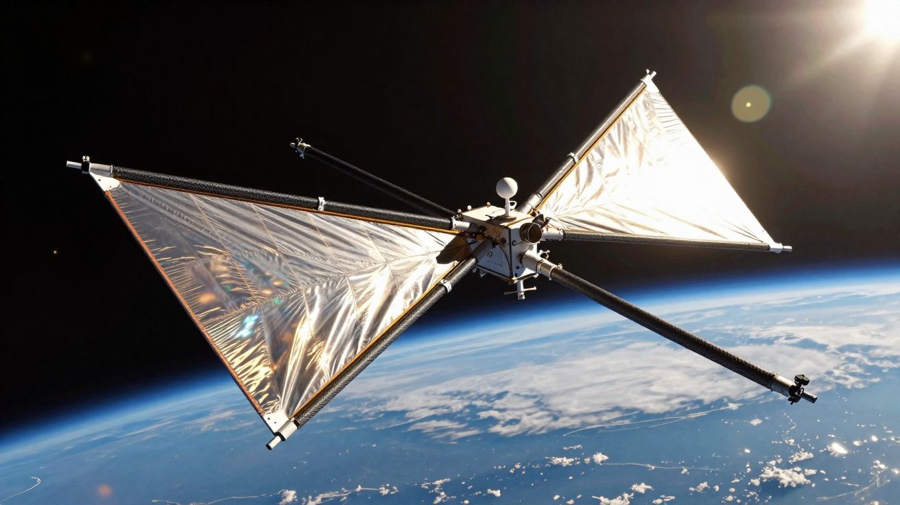 Sonda solar con velas desplegadas orbitando la Tierra, iluminada por la luz solar.