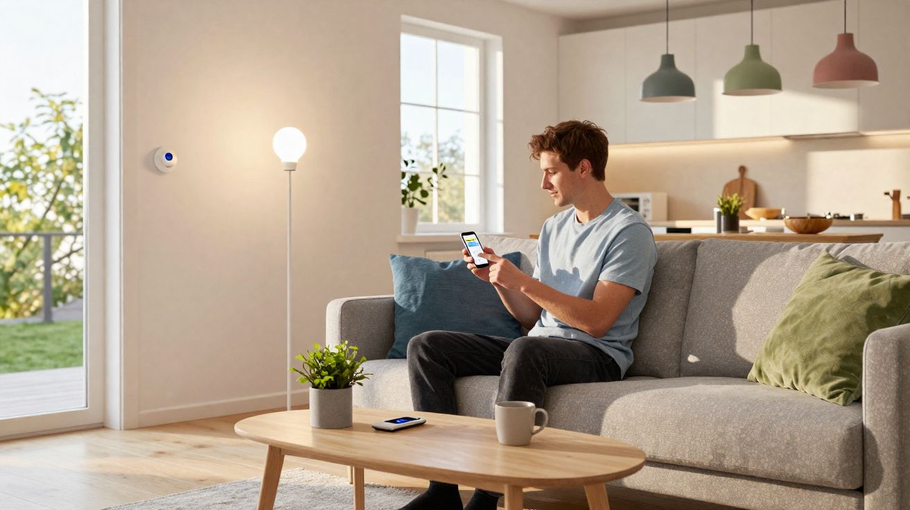 Hombre sentado en un sofá gris controlando luces inteligentes con su teléfono móvil en un salón moderno y luminoso.