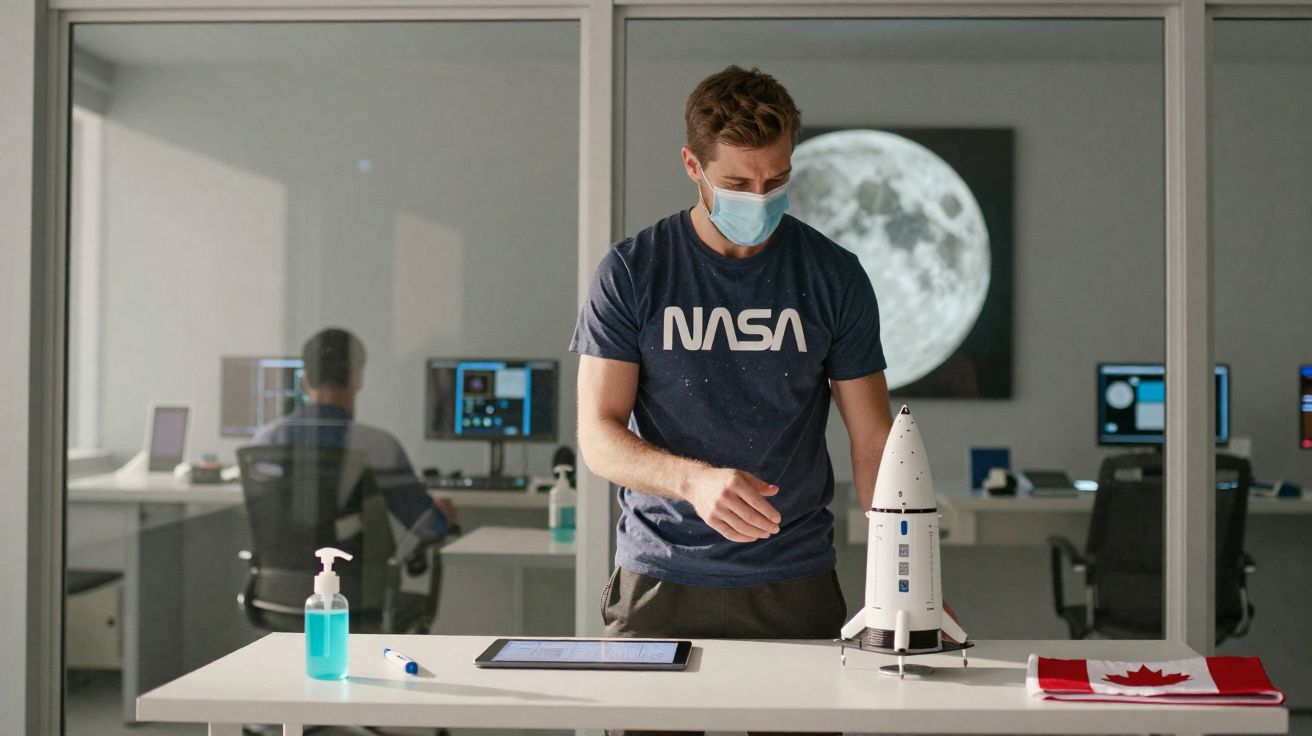 Hombre con mascarilla y camiseta NASA manipulando un modelo de cohete en una oficina con fondo de pantalla de la Luna.