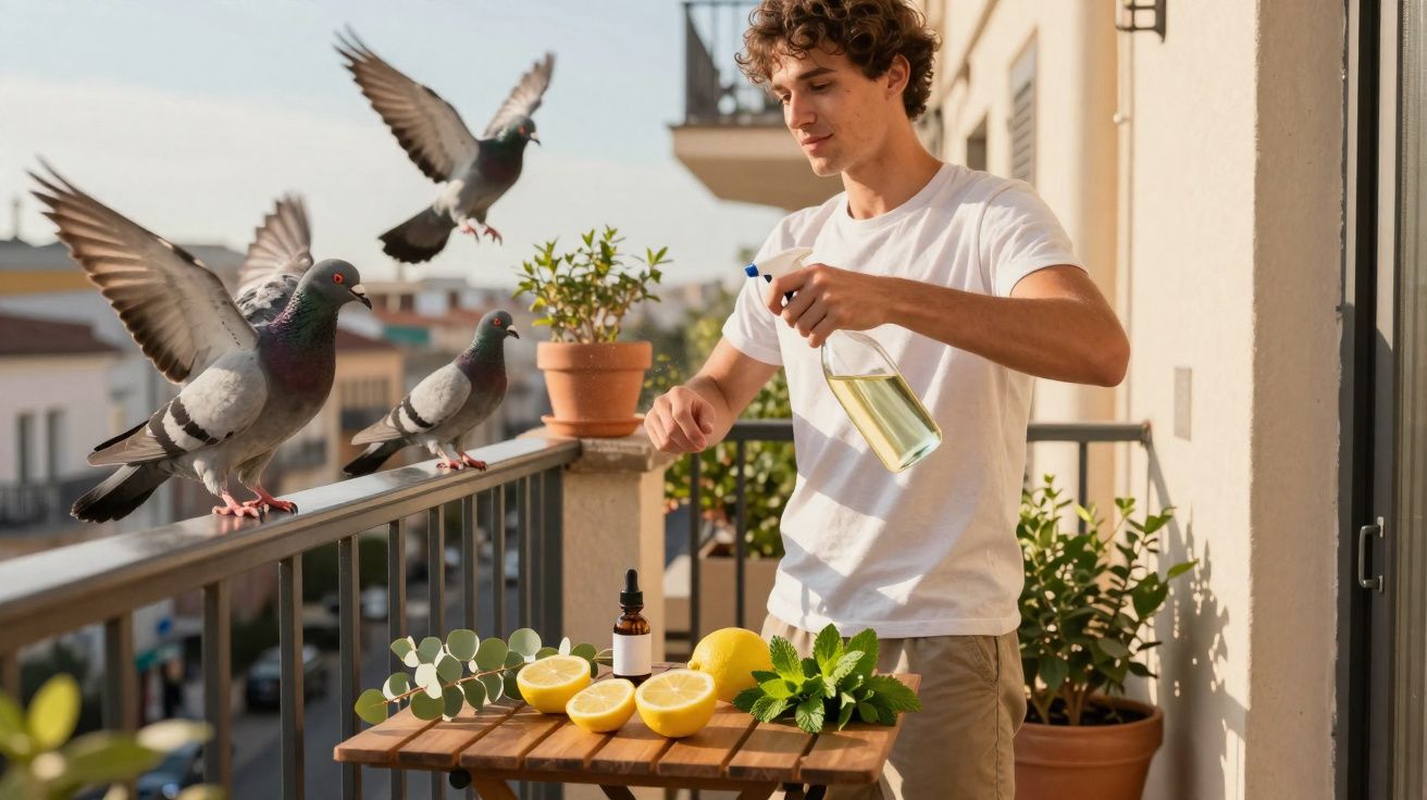 Joven rociando con spray a palomas en balcón con limones, plantas y botella pequeña sobre mesa de madera.