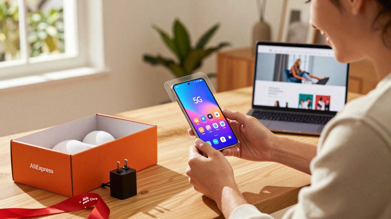 Persona sosteniendo un móvil con 5G mientras está frente a un portátil en una mesa con caja de AliExpress.