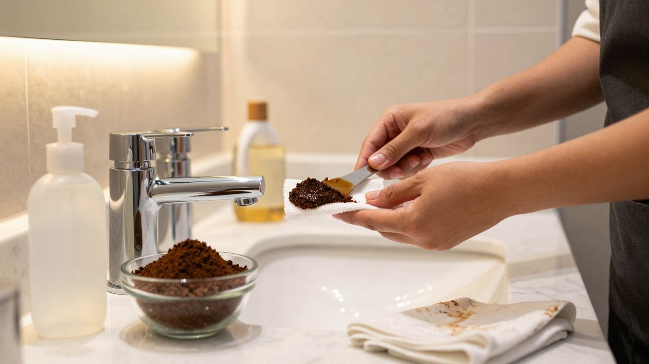 Persona aplicando exfoliante de café casero sobre una toalla en el lavabo del baño.