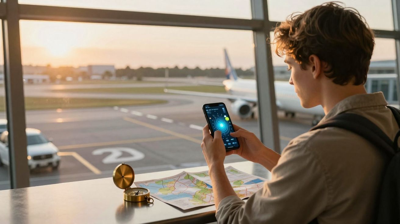 Joven con mochila usa un móvil junto a una brújula y un mapa en un aeropuerto con un avión al fondo al atardecer.