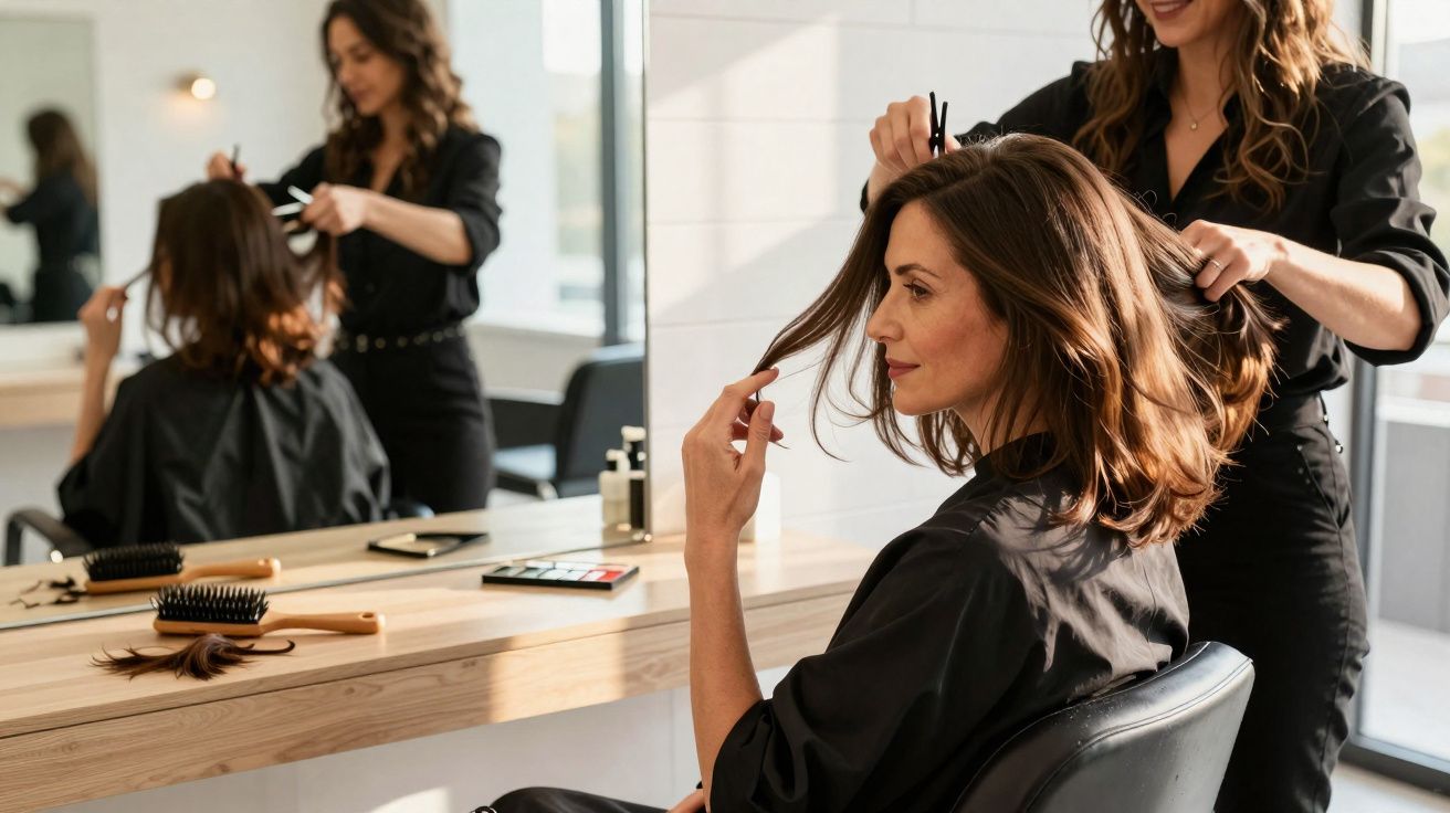 Mujer sentada en peluquería mientras estilista le corta el pelo frente a un espejo grande.