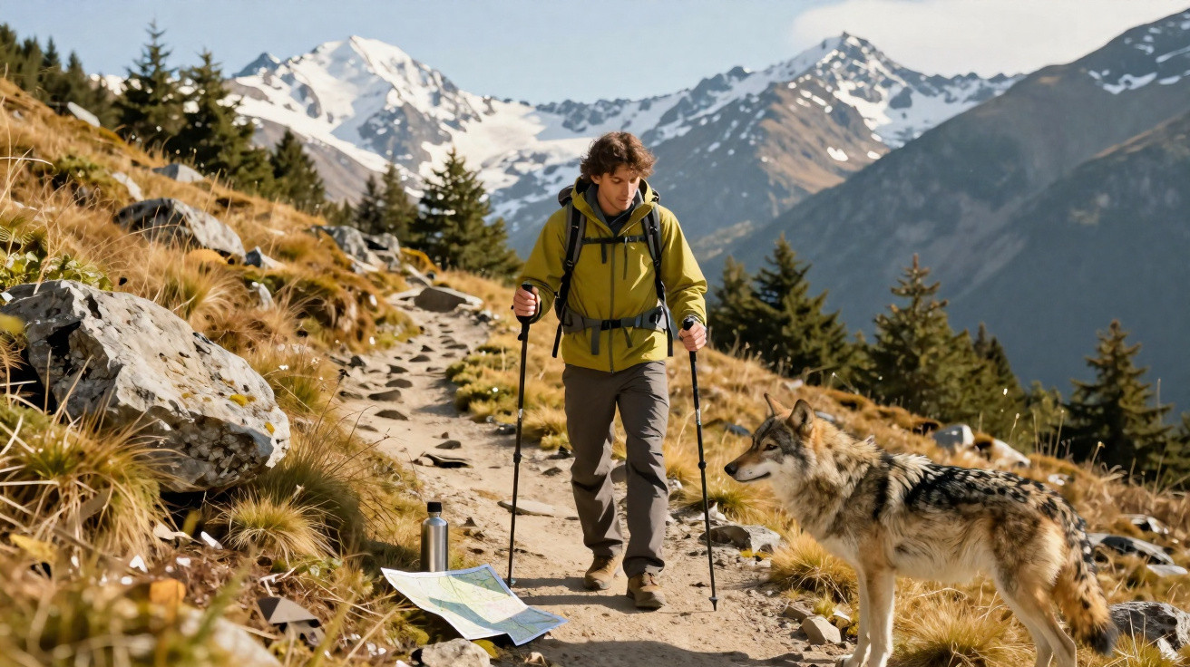 Senderista con chaqueta verde y bastones consulta un mapa en un sendero montañoso junto a un perro tipo lobo.