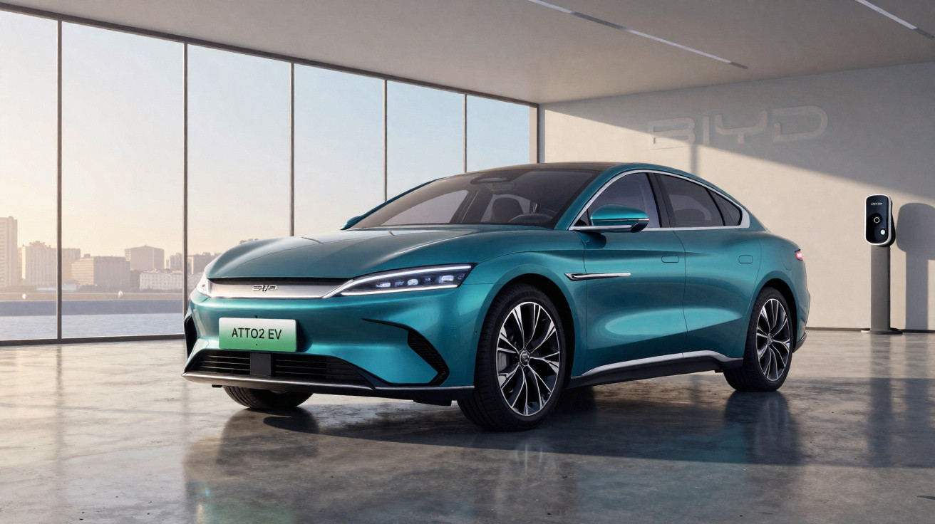Coche eléctrico azul BYD ATTO2 EV estacionado junto a un cargador en un garaje moderno con grandes ventanales.