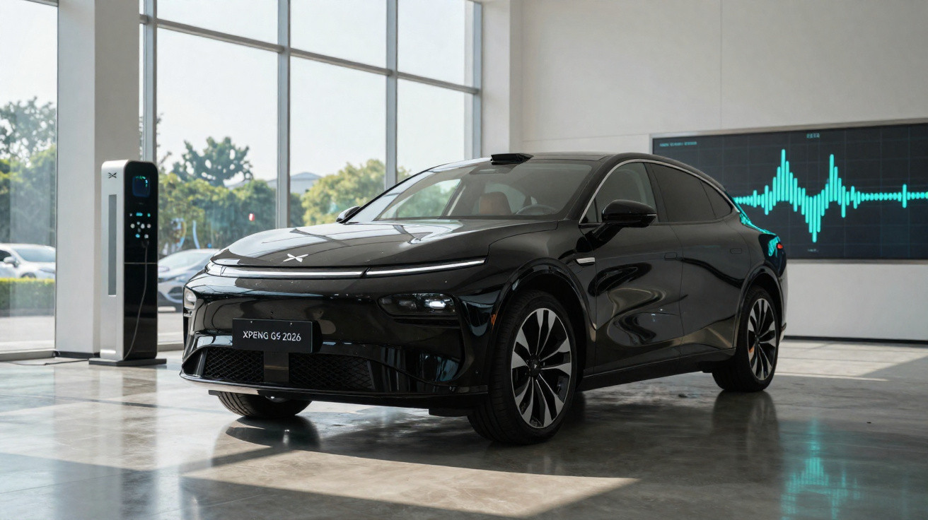 Coche eléctrico negro XPeng G5 2026 estacionado en interior luminoso junto a estación de carga.