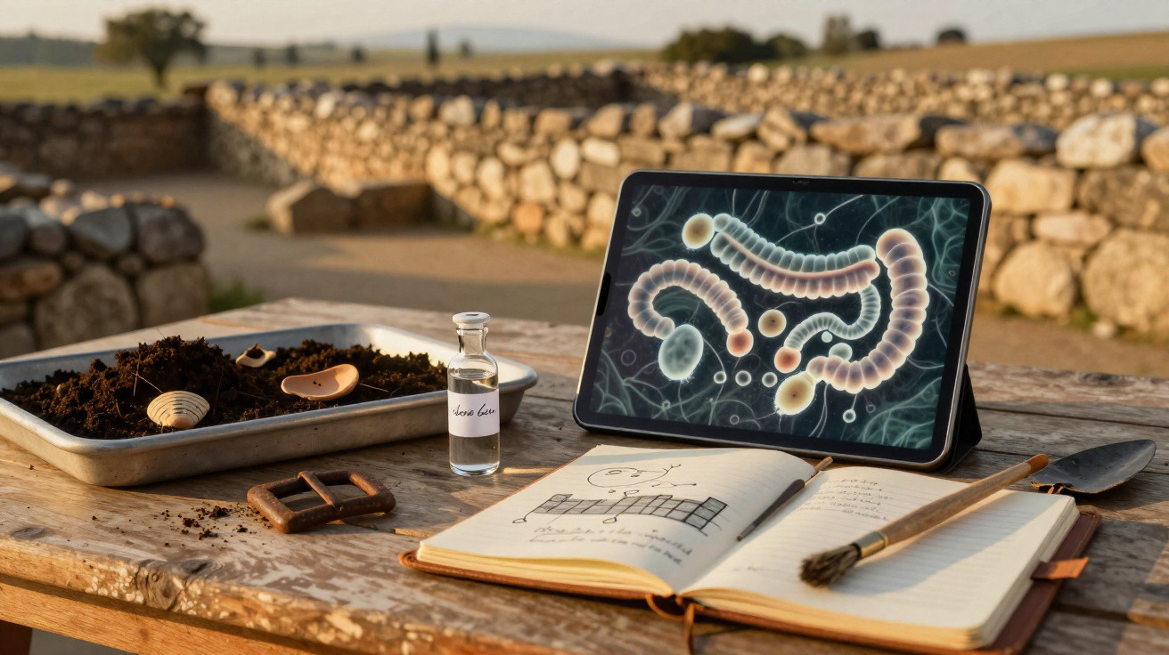 Mesa de trabajo con tierra, concha, agua, cuaderno abierto y tablet con imagen de bacterias, al aire libre.