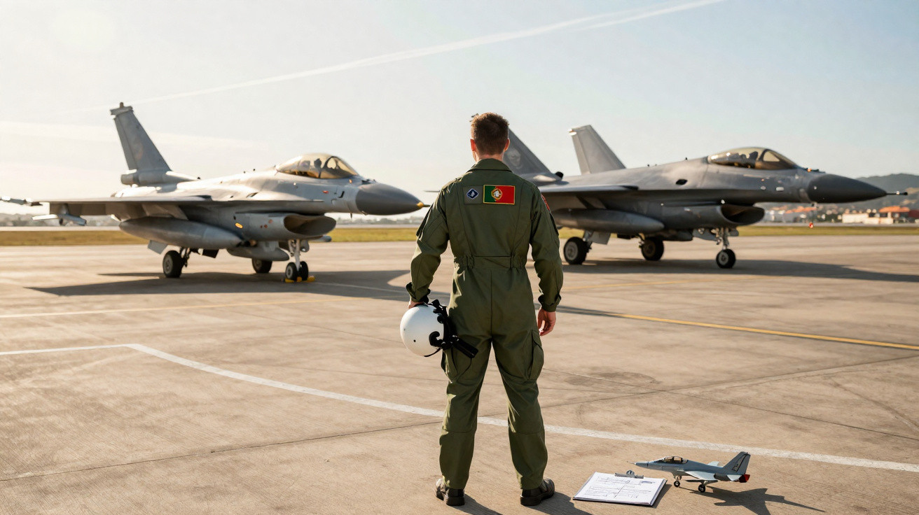 Piloto militar con casco en mano observa dos aviones de combate estacionados en pista de despegue.